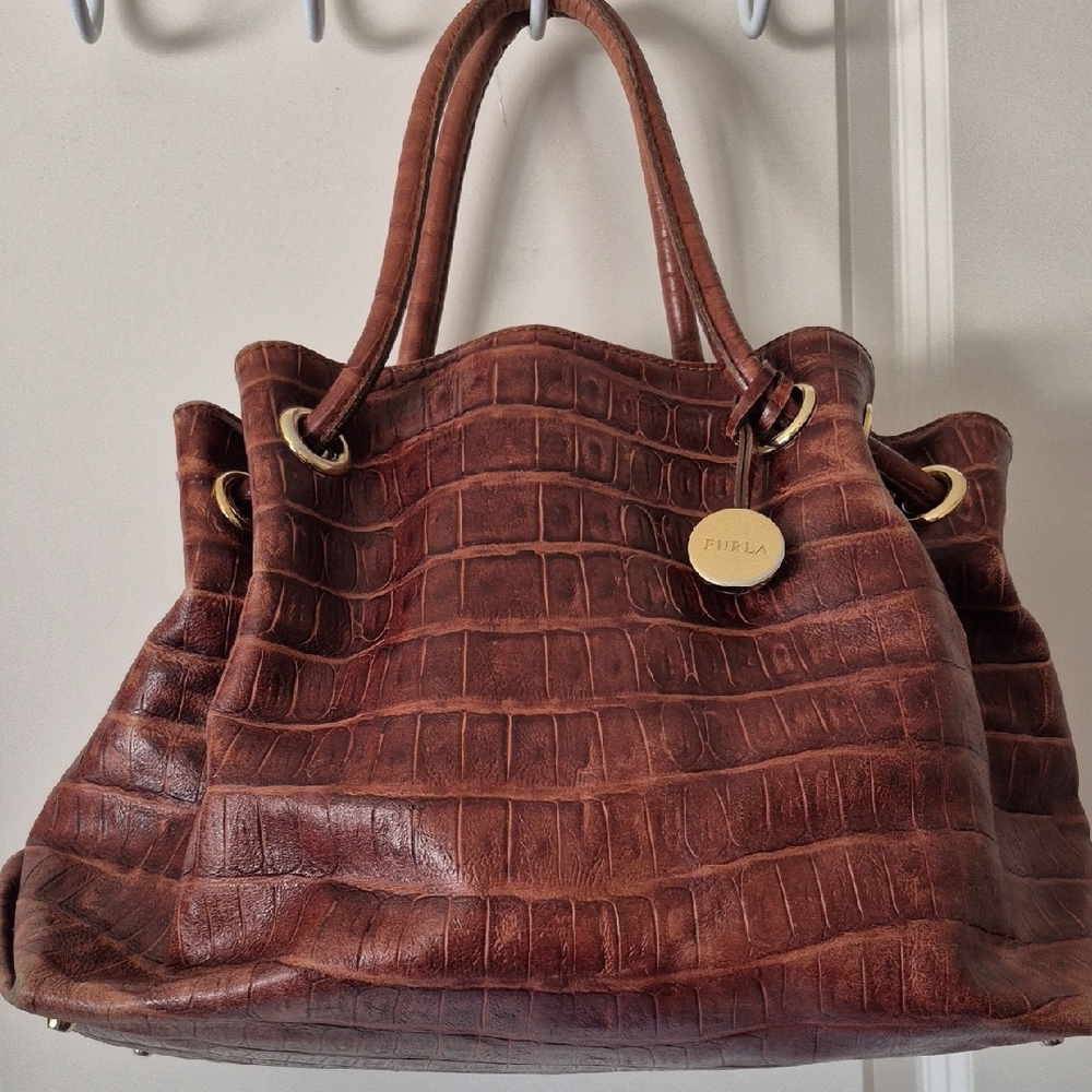Furla Brown Croc-Embossed Leather Tote